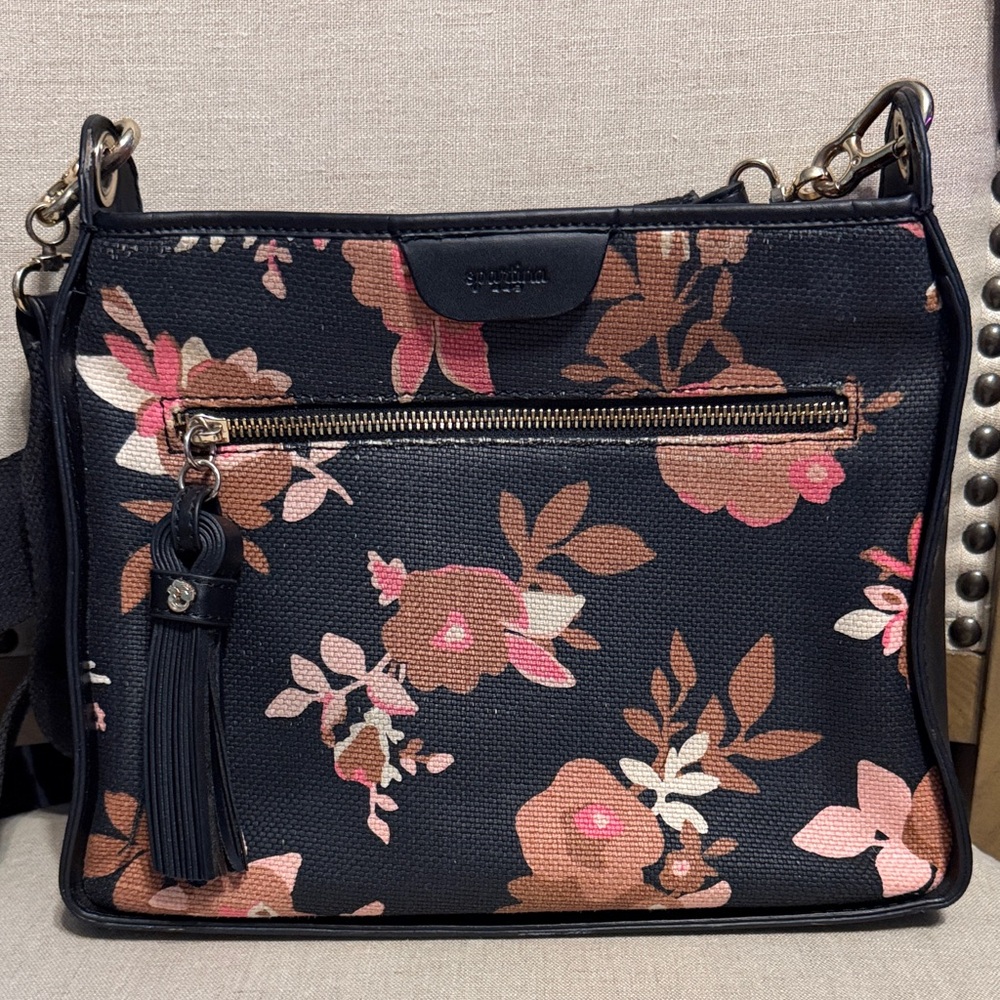 Spartina 449 Verdier Black Floral Linen and Leather Crossbody Bag